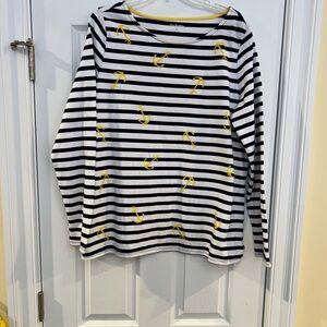 Ladies Size XL Kim Rogers Navy & White Striped Top w/Yellow Anchors Accents GUC